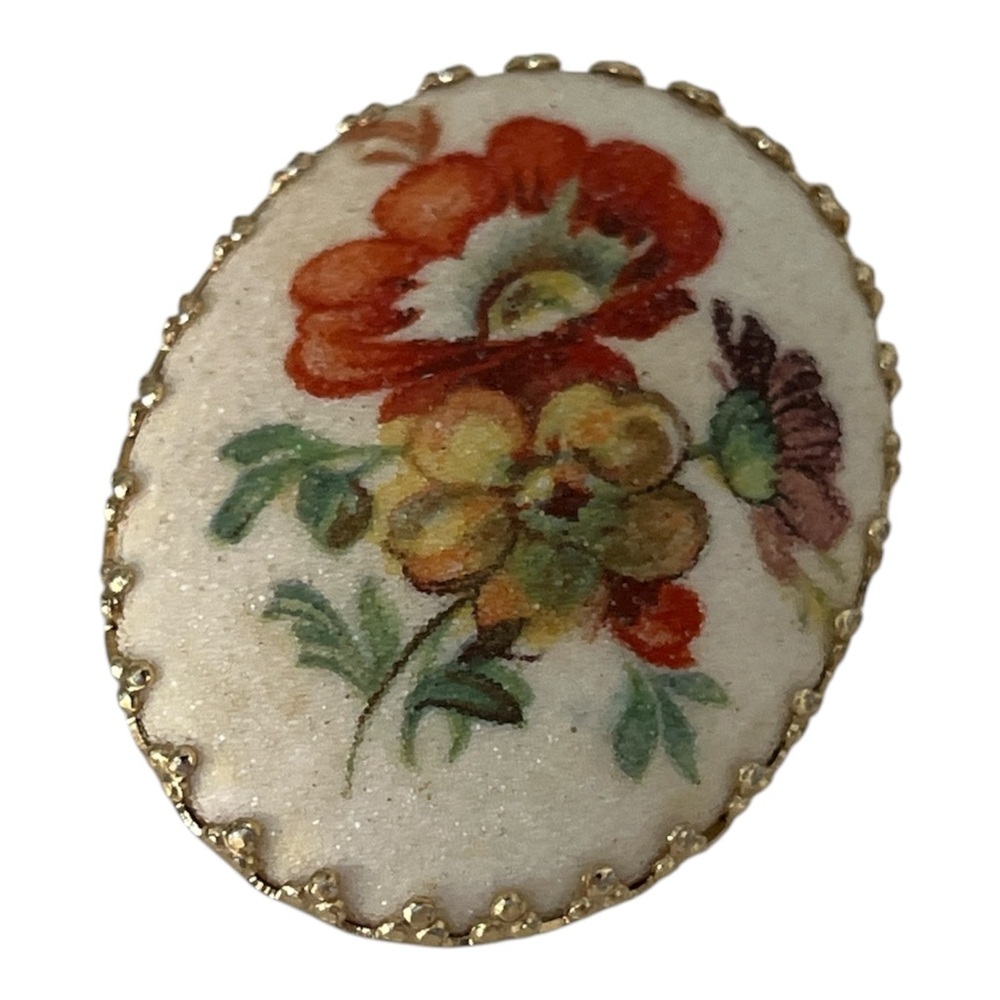 Vintage Signed West Germany Floral Sugar Coated Oval Gold Tone Trim Brooch Pin
